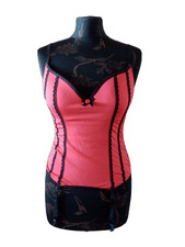 Korsage, Gr. 75B, rot, schwarze Applikationen, Straps Bänder