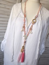 Lange Boho Ibiza Kette Kristallperlen Quasten Frühling Sommer rosa gold NEU