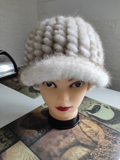 Damen Qualität gestrickte mit Echt Nerz Pelz Mütze 57-59 Groß Weißgrau..