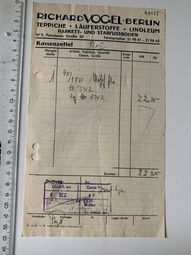 Rechnung 1938 teppich fa - ca., teppich-fa