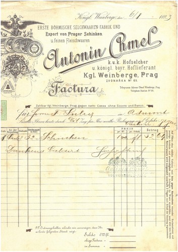Rechnung prag praha - prag, 1893