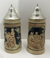 2x Kleiner Bierkrug mit Zinn Deckel Keramik Germany Seidel Humpen Landhaus Jagd