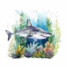 Watercolor shark sticker sea