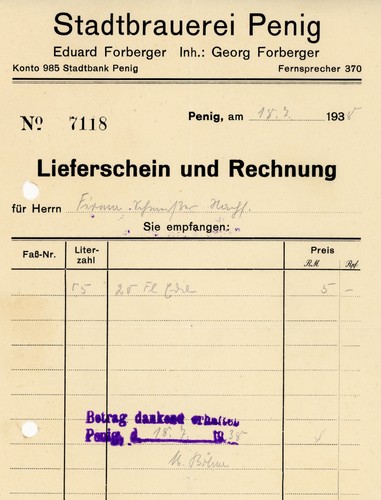 Rechnung stadtbrauerei penig - rechnung,