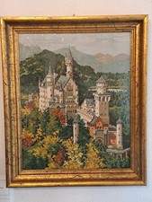 Vintage Gobelin Stickbild Landschaft in Holzrahmen, handgefertigt 