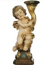 Paar Engel Skulpturen Teelichthalter 25 CM Aus Holz Der Valgardena