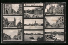 AK Leer /Ostfr., Mühlenstrasse mit Geschäft, Gymnasium und Baptistenkirche, Haf 