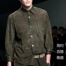 Olivgrüne Herren Leder Hemd Jacke Reines Wildleder Größe S M L XXL 3XL Maßanf...