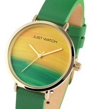 Damen Frauen poppig Bunt Gelb Grün Gold Lederarmband Quarz Armbanduhr JW10183
