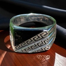 Gr. 12,5 Onyx poliert griechischer Schlüssel Brocken Ring Sterlingsilber Band
