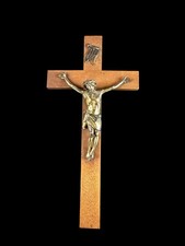 Vintage Holz / Messing Stubenkreuz Kreuz Kruzifix - 30 cm - Inri Jesus