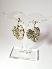 Damen Ohrringe aus Polymer Clay Blatt Grün/Beige/Grau NEU