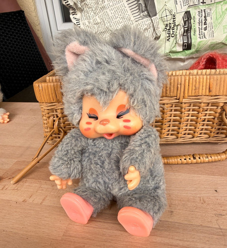 Vintage monchhichi katze grau - vintage,