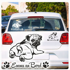 Auto Aufkleber Mops Pug Name an Bord Autoaufkleber Hund Pfoten Wunschname A576