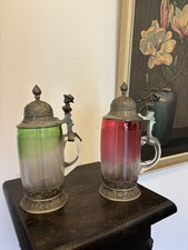 2 Bierkrüge Glaskrug 0,5L mit Zinndeckel Bierglas Krug Vintage Sammler