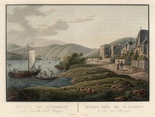 Rüdesheim Brömserburg Original kolorierter Kupferstich Roux 1826