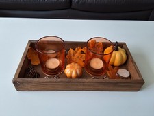 Deko Tablett Holz komplett mit 2 Windlichtern und Dekomaterial Herbst Advent
