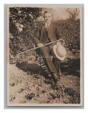 Portrait Mann mit Spazierstock & Strohhut Kreissäge - Altes Foto 1920er