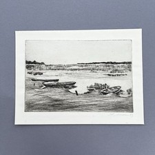 Arno Mohr Radierung 1953 See mit Booten Landschaft Grafik DDR