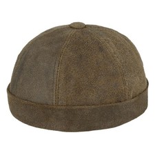 Herren 100 % Leder Docker Mütze Retro Krempe Matrose Beanie gerollte Manschette