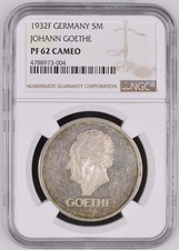 VALORIS Weimar 5 Reichsmark 1932 F Goethe NGC PF62 Cameo