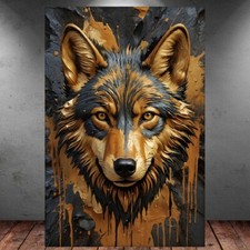 LEINWAND BILD ER XXL POP ART ABSTRAKT WOLF HUND SCHWARZ GOLD WAND POSTER P749