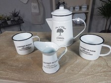 Emaille Kaffeekanne Tasse Milchkännchen Kaffeebecher Becher Kaffee mit Aufdruck