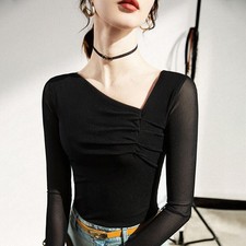 Damen sexy Oberteil T-Shirt langarm Spitze Top durchsichtig V-Ausschnitt Party