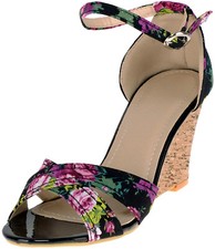 Süße Vintage FLORAL Rosen Riemchen Keilabsatz Sandalen WEDGES Rockabilly