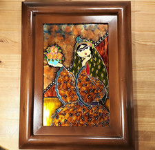 Kleines orientalisches Bleiglasbild, Dame mit Schleier, Kalligraphie, gerahmt