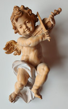 Barock ENGEL Holz geschnitzt Geige + Tuch ca. 22 cm mehrfarbig gebeizt Wand Deko