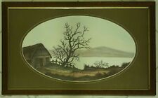 Kunstdruck Holz Glas gerahmt Flusslandschaft 1 Scheune links Bauernhaus Baum