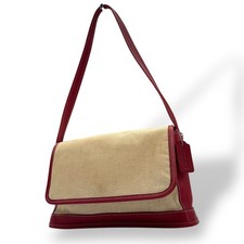 Authentische COACH Canvas Leder Schultertasche beige rot Klappen-Design Logo-...