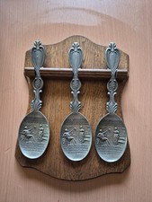 Vintage Frieling Zinn deutsch 3 Zinnlöffel auf Hartholz Halter