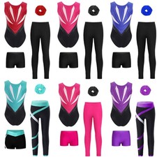 DE Mädchen Glitzer Gymnastik Trikot mit Hose Shorts Gymnastik Tanzkostüm 4er-Set