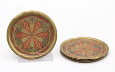 6x Messing Untersetzer Set Emaille rot / schwarz Marokko ? Vintage alt Ø 8,5 cm