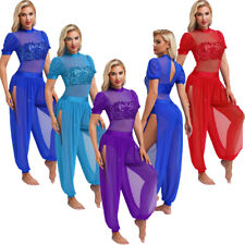 DE Freebily Damen Bauchtanz Kostüm Kurzarm Jumpsuit Mesh Overall Hose Halloween