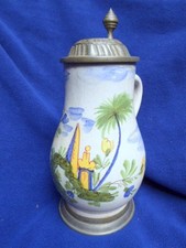 Uralter Fayence Krug / Kanne, Zinn Montierung + gepunzter Zinn - Deckel