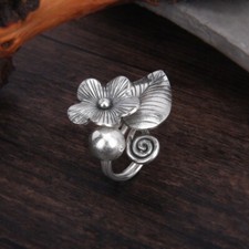 B25 Ring Blume und Blatt Spirale Silberkugel Sterling Silber 925 verstellbar