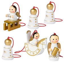 6er Set Engel & Glocken Weiß Christbaum Anhänger 4,5 cm Holz Figuren Weihnachten