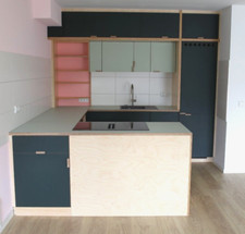 Designer Vollholz Einbauküche vom Schreiner colorblocking mit hochw. E-Geräten