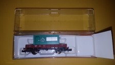 ROCO N 25007 2  2achs. Niederbordwagen m. Bau-Container - Xf 09 - DB - TOP+OVP