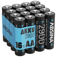 ABSINA Akku AA Mignon 2900 - 16x NiMH Wiederaufladbare Akkus mit min. 2650mAh