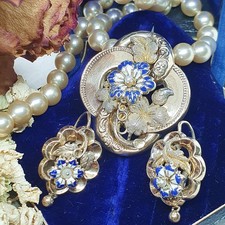 Antik Biedermeier Schmuck Set, Goldene Brosche + Ohrringe mit Emaille Blumen