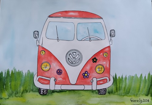 Bus rot aquarell - 1,