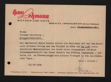 BERLIN, Brief 1939, Hans Lehmann Mützen und Hüte