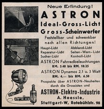 Reklame 1937 Fahrrad-Beleuchtung Gross-Scheinwerfer Astron A. Hoessle Stuttgart