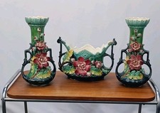 Barbotine Jardinière Majolika Vase Jugendstil Art Deco Garnitur Kamin Set
