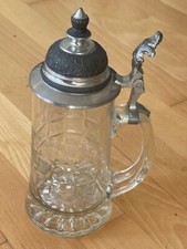 Vintage edler Glas Bierkrug mit Blüten Gravur Zinndeckel Henkelkrug H 24 cm top