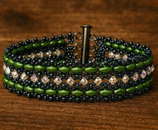 Damen Armband Grün Grau Handarbeit mit Swarovski Glasperlen 17cm Schmuck NEU